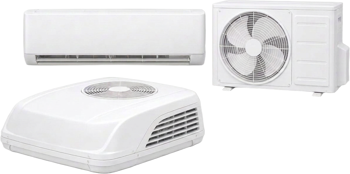 Equipamentos de ar condicionado em branco: split comercial e unidade de teto automotiva